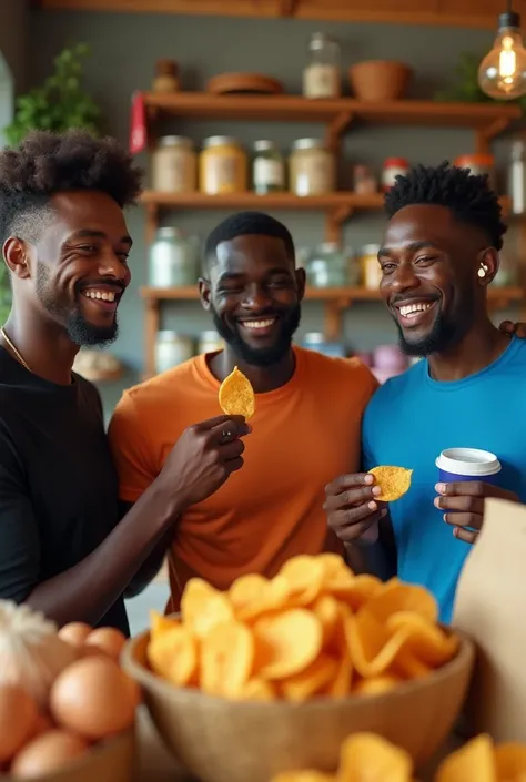 (photorealism:1.2), three black male friends, after jogging, at the store sells gluten free chips, one with black shirt, one with orange shirt, one with blue shirt, handsome, eating breadfruit chips