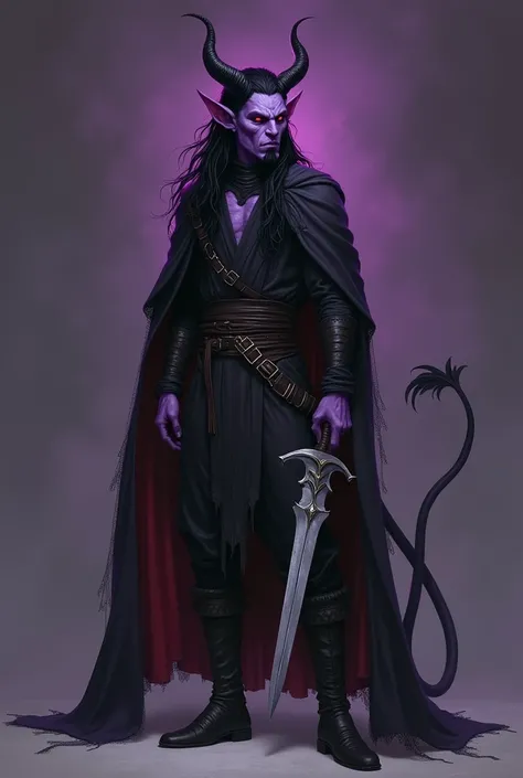  Do a full body tiefling of purple skin ,  the horns that come out of his forehead are short and slightly curved upwards , his ears are pointy like an elf&#39;s,  his tail is thin and has an arrow-shaped tip ,  his eyes are completely red and his long hair...