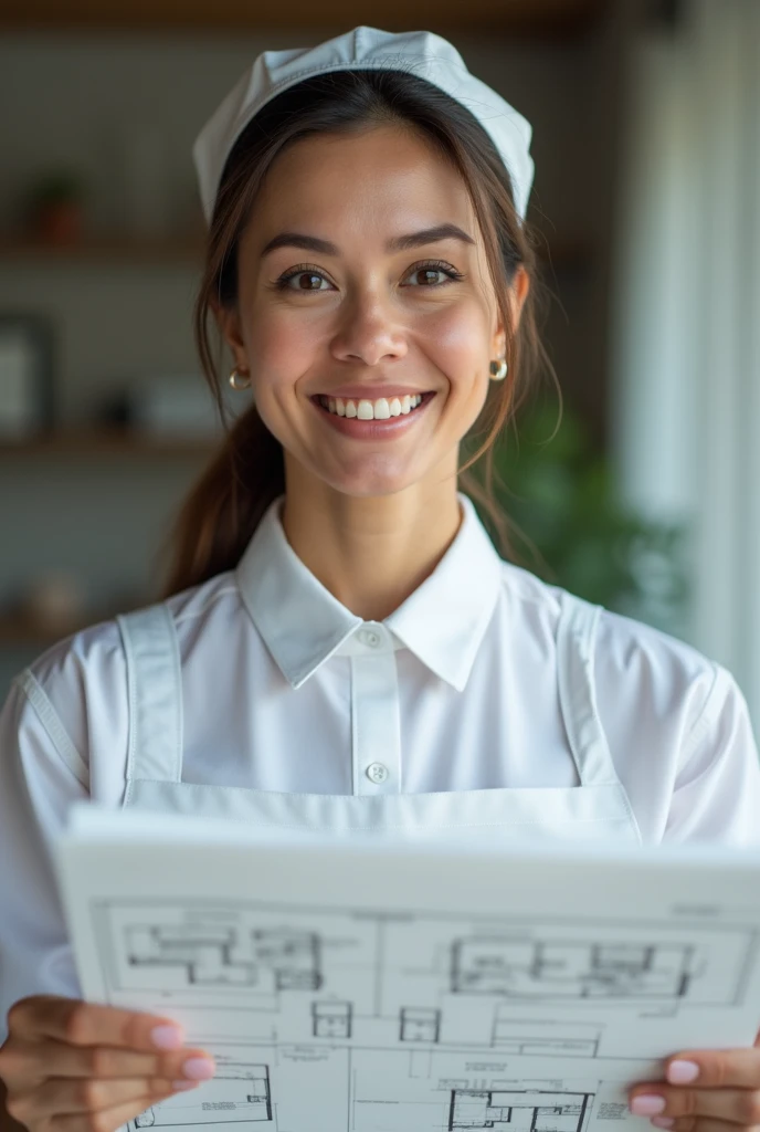 high quality, 8k ultra hd, a closeup of a woman dressed as a housekeeper,  around 40  years old, holding set of blueprint