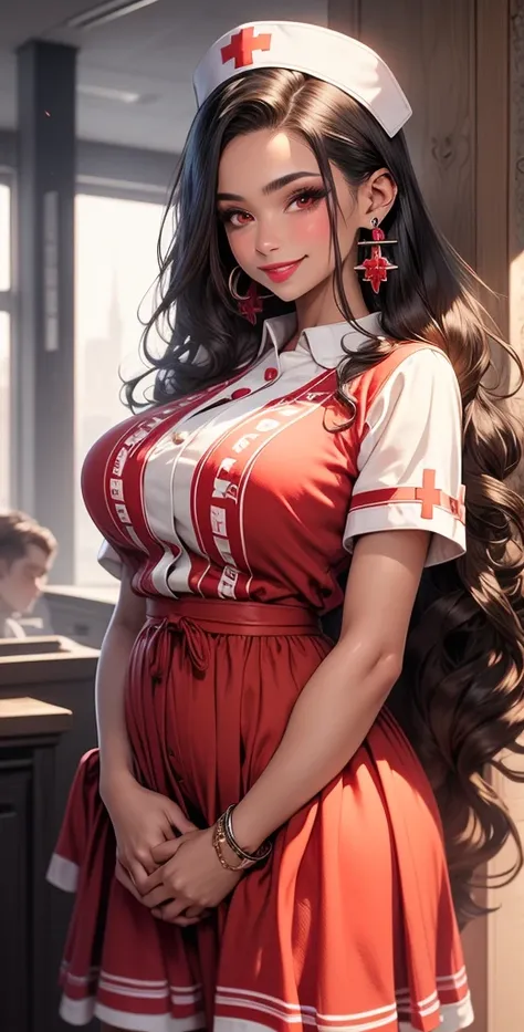  high definition ,  Best quality,  In detail,  highly detailed , quality,  girl , long hair , Two half-tails,  light brown hair , curls, Breasts,  big breasts , earrings,  red eyes, makeup,  Easy smile, Light blush, scarlet lips,  Cowboy shoot , Nurse Cost...