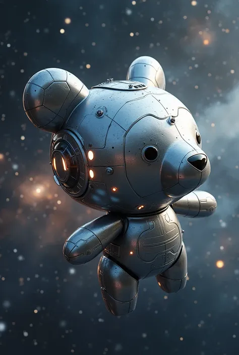 A silver spaceship in the shape of a metal teddy bear in space