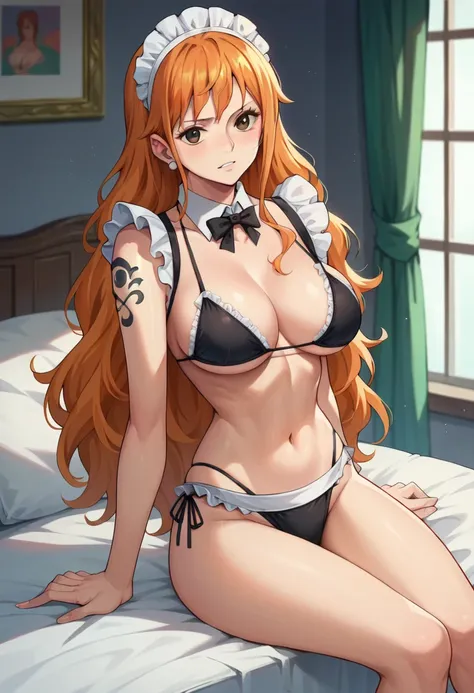 nami_post, orange hair, long hair, wavy hair, side locks, brown eyes, large breasts, shoulder tattoo, maid bikini, maid, maid bikini, black bikini, sitting