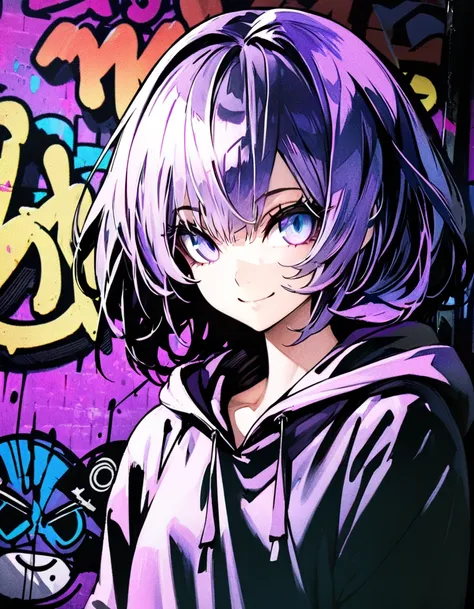 masterpiece,  top quality, 8k, detailed background, masterpiece,  top quality, smile,  ornament,  hoodie, Portraiture, Neon Purple, graffiti, dark, night, Shining Eyes,  black light ,