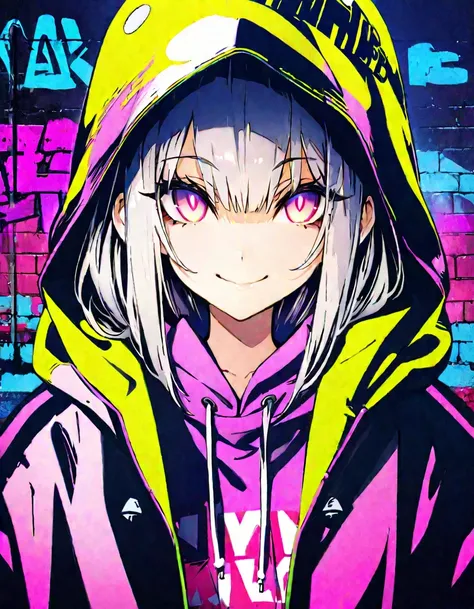 masterpiece,  top quality, 8k, detailed background, masterpiece,  top quality, smile,  ornament,  hoodie, Portraiture, Neon Purple, graffiti, dark, night, Shining Eyes,  black light ,