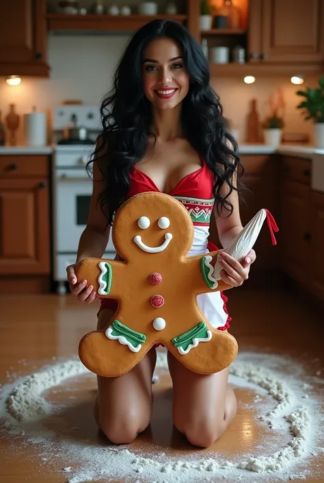 imagen realista,  in a kitchen with a wooden floor she is on her knees ,  there is a beautiful young EUROPEAN woman , with very long curly black hair , grey eyes, Red lips,  big breasts,  smiling, Shes wearing sexy red lingerie and white, green and red Chr...