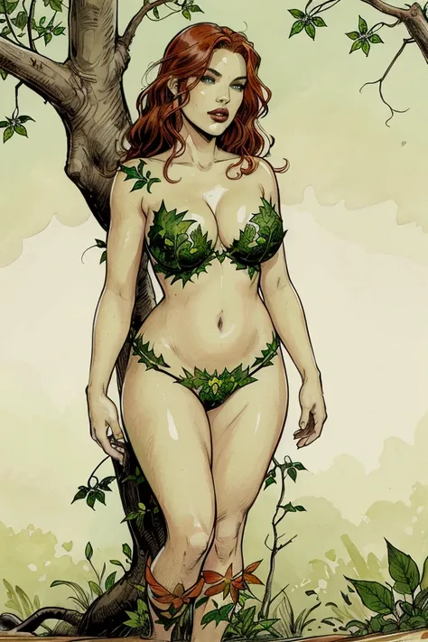 Comic-style illustration of Poison Ivy, the most beautiful and alluring character from DC Comics. Her face is perfect, with radiant skin, mesmerizing green eyes, and full, sensual lips. Her fiery red hair flows in soft, cascading waves, framing her flawles...