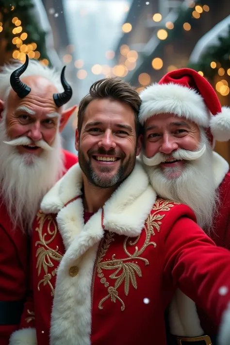 A selfie of a man dressed in red and white with Santa Claus and a prankster imp