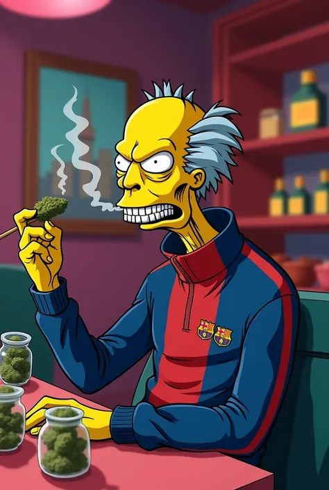 Charles Montgomery Burns des simpson qui fume de la weed dans un bar stylé , ayant un survêtement de barcelona et de la weed dans des bocaux en verre 