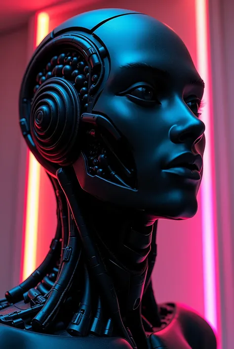 make a black square robot head sculpture,  style to make a black head sculpture，The side is illuminated by colorful fluorescence ， and the face consists of countless mechanical tubes ，The facial features all consist of a dense arrangement of tubes ， has on...