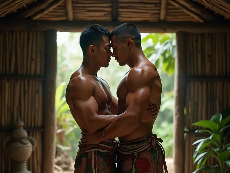 Malay muscular man wearing malay sarong is doing a blowjob to a nude indonesian man in a wooden hut