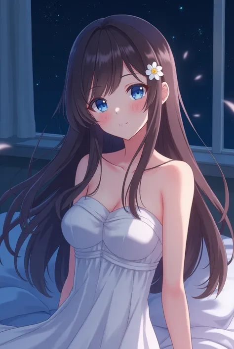 anime girl with long hair, strapless summer dress, sleeveless dress, strapless dress, hair behind shoulders, flower in hair, somewhat athletic figure, strapless, at night, in bed, sitting, smiling at you, comforting smile, blue starry eyes, brown hair, str...