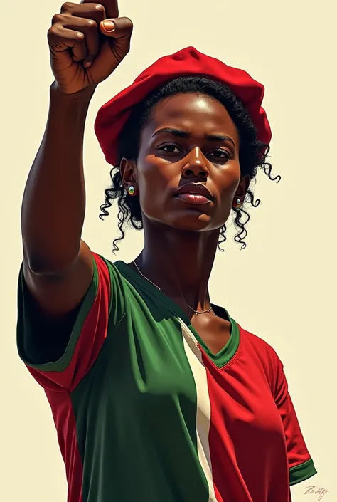 An enraged black Kenyan activist holding up a cleched fist, wearing a shirt with Kenyan flag and a red barret. Shes facing forward and very beautiful.