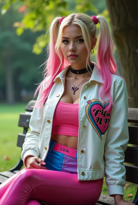 Create an image for a very colorful white Harley Quinn jacket with a Harley Quinn print on the front Realistic, sexy 22 year old young adult woman with big breasts, modern punk style similar to harley quinn, with long blonde and pink hair, with a broken he...