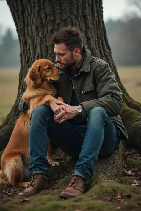 Broken heart a man sad mood to seat down a broken tree and  Dog