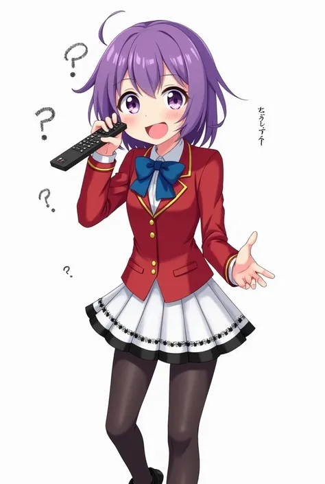 Teenage anime girl with purple hair and lilac eyes and with red blazer and deep blue bow and gold lines and gold buttons and short white pleated skirt With a simple design but with black decorative lines on the lower edge and black tights and black leather...