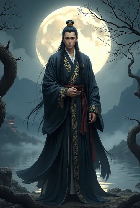 masterpiece,  Best Quality , outdoor, night, full moon, [lakeside, Branches, 1 person, older man,  Chinese style,  Ancient Chinese , black hair, black eyes, parted hair, long hair, long bangs,  Handsome,  Handsome, male, [mild, [high, calm,  Black Gold Mix...