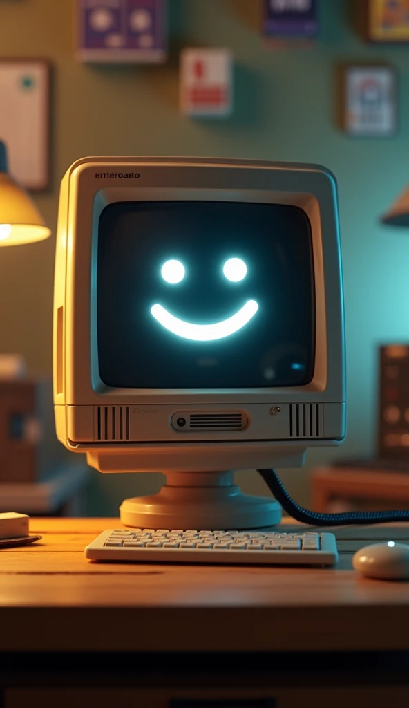 "Design a quirky 3D character with a CRT monitor head, featuring a glowing black screen with a white smiley face. The monitor sits on a simple wooden desk, with the characters body represented by a thin black cable. The background is a retro-inspired tech ...