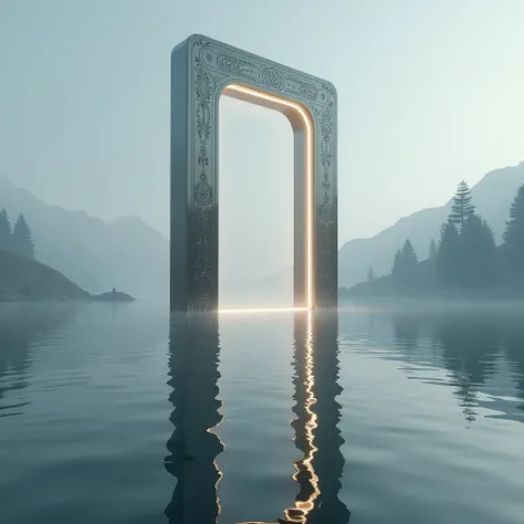 a dimension portal gate ( that look like a Mobile), in a lake , scifi, fantasy, simple background,