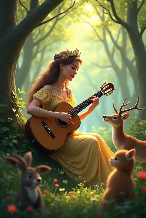 
The beautiful princess of the guitar playing melody is wearing a dress and enjoying the mysterious atmosphere with sunlight in the forest. The forest animals are enjoying the music beside her.