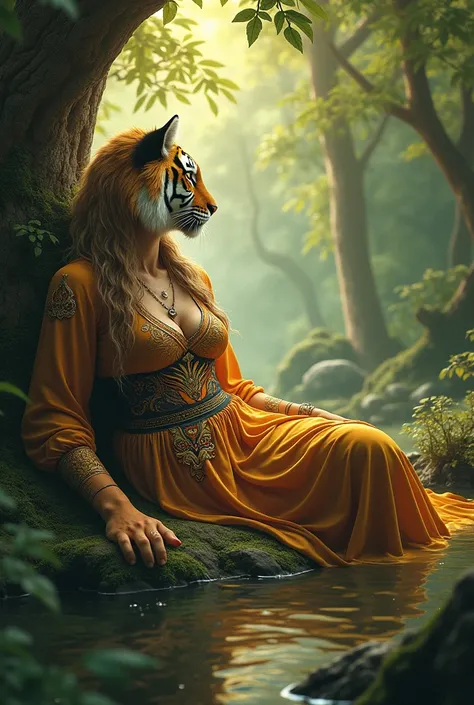 A queen with tiger feeling relaxed in forest 