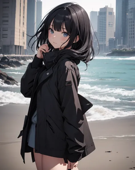  top quality, 
1 female, Black hair, long blue hair, inner color, bun on the back,Girls in their 30s, snow
A girl in a black top and gray skirt is standing on a sandy beach, Wear a black coat ,  Picture of a Slender Girl Model Wearing a Black Coat ,  simpl...