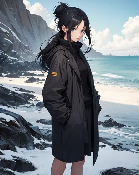  top quality, 
1 female, Black hair, long blue hair, inner color, bun on the back,Girls in their 30s, snow
A girl in a black top and gray skirt is standing on a sandy beach, Wear a black coat ,  Picture of a Slender Girl Model Wearing a Black Coat ,  simpl...