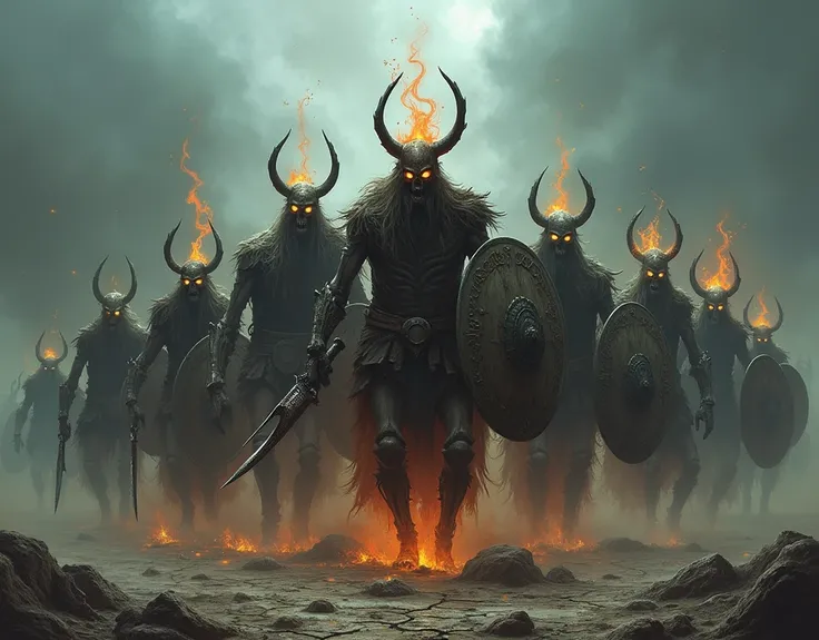 Many ghostly and rotten viking warriors rise from the earth, burning from the vengeance.