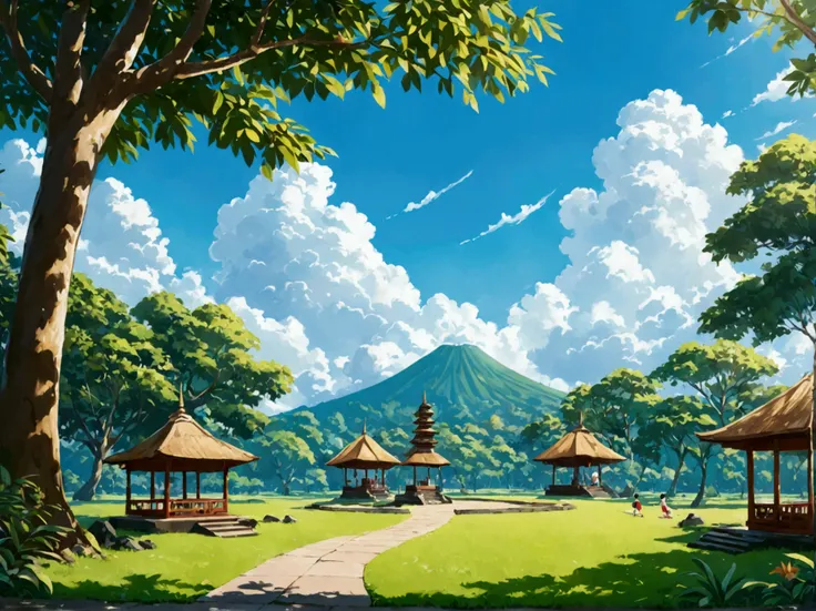 Peaceful scene in Indonesia, ren playing in the park with a bright blue sky in the background.