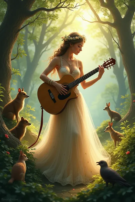 
The beautiful princess of the guitar playing melody is wearing a gorgeous dress and enjoying the mysterious atmosphere with sunlight in the forest. The forest animals are enjoying the music beside her.