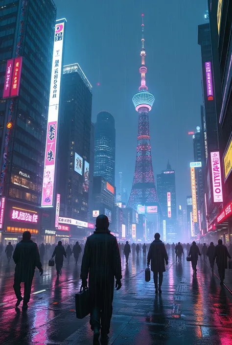 Theme: Cyberpunk, futuristic, Tokyo
	•	Color Scheme: Neon colors, blue, purple, pink
	•	Elements: Skyscrapers, holographic advertisements, flying cars, people in cyberpunk fashion
	•	Atmosphere: Rainy night, reflecting puddles, fog
	•	Details: Futuristic c...