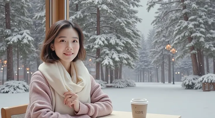  A beautiful Korean woman in her 50s (  charming gaze ),  natural skin texture,  Short Mid-length Hair ,  A soft, luxurious sweater in a pastel tone ,  Im wearing a light scarf on my shoulder .  sitting in a cozy coffee shop with warm lighting. Its snowing...