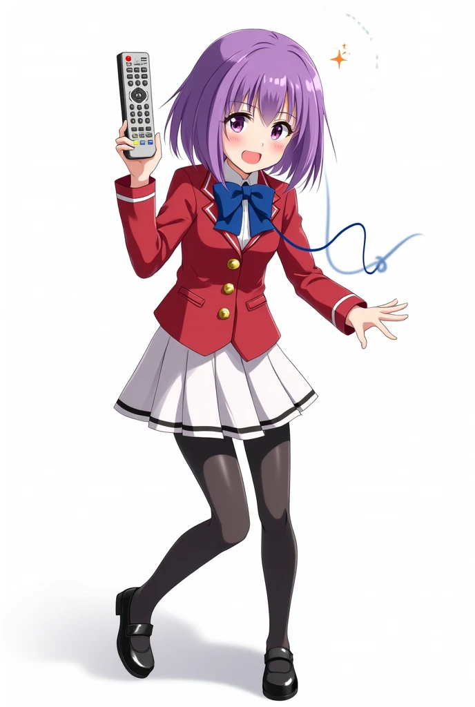 Teenage anime girl with purple hair and purple eyes and with red blazer and deep blue bow and gold lines and gold buttons and short white pleated skirt With a simple design but with black decorative lines on the lower edge and black tights and black leathe...