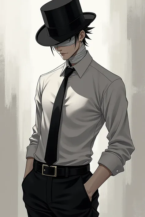 Anime guy who wears a tophat and a tie shirt then wears black pants and his face covered by bandages