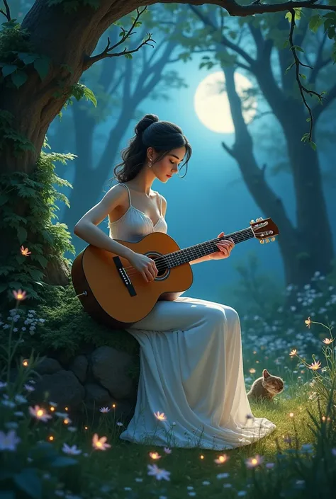 
The beautiful princess of the guitar playing melody is wearing a gorgeous white dress and enjoying the mysterious atmosphere with moonlight in the forest. The forest animals are enjoying the music beside her. 