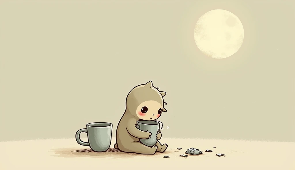 A small  with a sad face sitting on the ground, holding a broken cup, while the moon looks down compassionately from the sky. Cartoon 