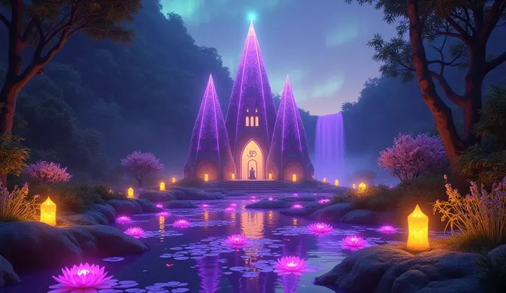  Fantasy temple with peaked towers made of light crystal ,  the temple has a small ball of green light at the top ,  at night,  3 yellow roses ,  at night,  7 fluorescent purple water lilies on the water ,  at night,  7 large candles of yellow light ,  in ...