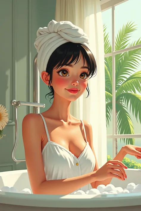 A whimsical cartoon anime-inspired scene by Norman Rockwell. A 20-year-old woman sits in a bathroom, her slender figure clad in a white pajama and towel-knotted headgear. Her oval face, short black hair, and medium brown eyes are framed by a turned-up nose...