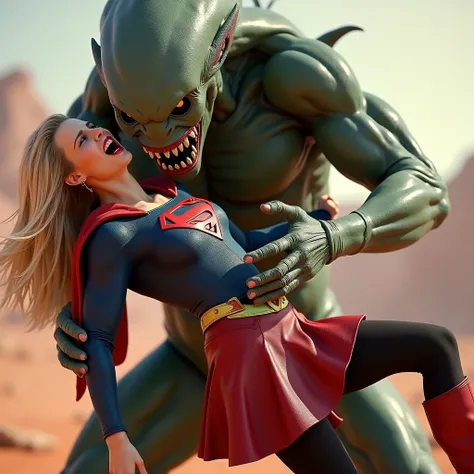 Melissa Benoist as Supergirl, face of Melissa Benoist, Supergirl is fighting and defeating by a huge body fierce Alien Monster, It is standing in front of her, the Alien Monster seize her body tightly, can see whole body, Supergirl is wearing a red leather...