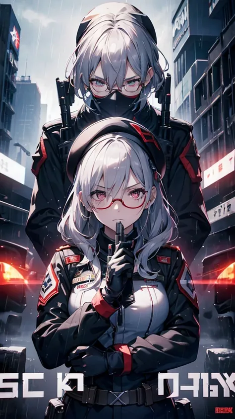 Silver Haired Girl,((Yuki Izumi))(( small breasts:0.6)), red glasses, face down ,Sighting gun, Tactical Boots ,Futuristic gun,Rain environment, high image quality,8k, super detailed, surreal(()),  Masterpiece  , cinematic lights,Dramatic lighting, Dramatic...