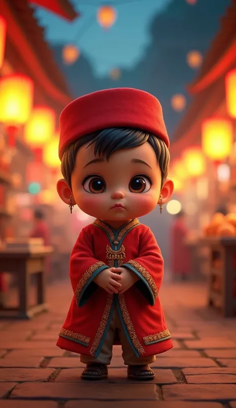 A brown baby wearing a classic red fez hat, exuding a traditional yet playful personality. Serious but adorable expression. Background: a bustling night market with colorful lanterns.