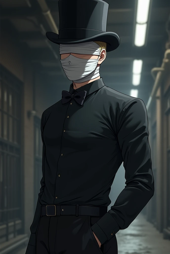 Anime guy who wears a tophat and a black tie shirt then wears black pants and his full face is covered by bandages