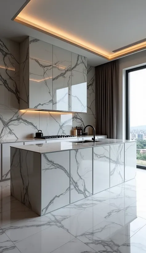 A modern kitchen with a massive island made of glossy Statuario marble, paired with matching countertops. The backsplash is a geometric pattern crafted from alternating gray and white marble tiles.