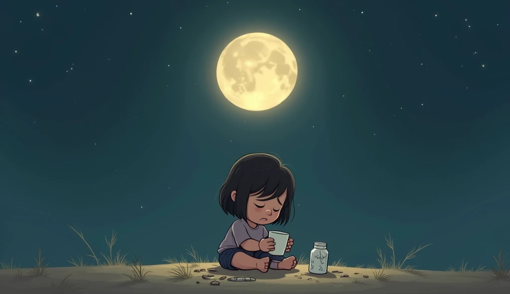 A little  with a sad face sitting on the ground, holding a broken cup, while the moon looks down compassionately from the sky. Cartoon