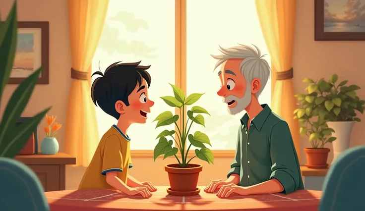 Scene: Jhunoo’s home, inside with the small indoor plant.

Characters: Jhunoo and his grandfather.

Action: The indoor plant remains small but healthy in the safe, calm environment of the house.
Cartoon style