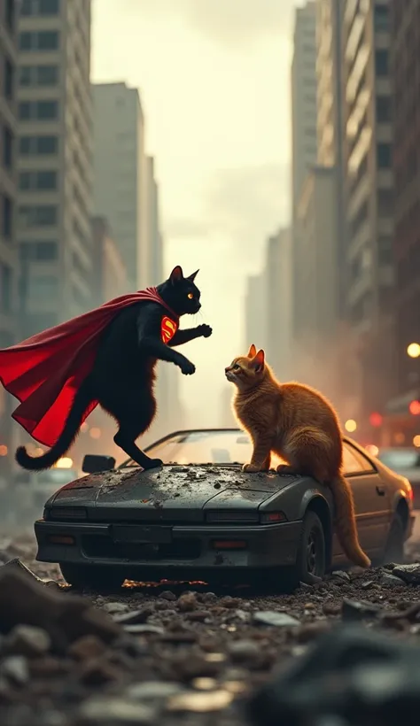 Scene 3 Prompt:

In the same debris-covered New York street, the two cats face off. The black villain cat crouches aggressively on top of a wrecked car, eyes glowing intensely red. The orange superhero cat floats confidently mid-air, with its golden cape b...