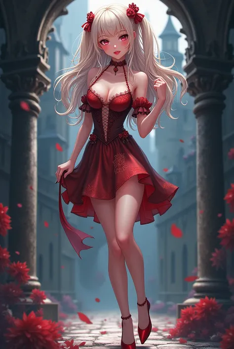 Full body Sexy anime girl wearing castle knee up dress with full sleeve and red hills