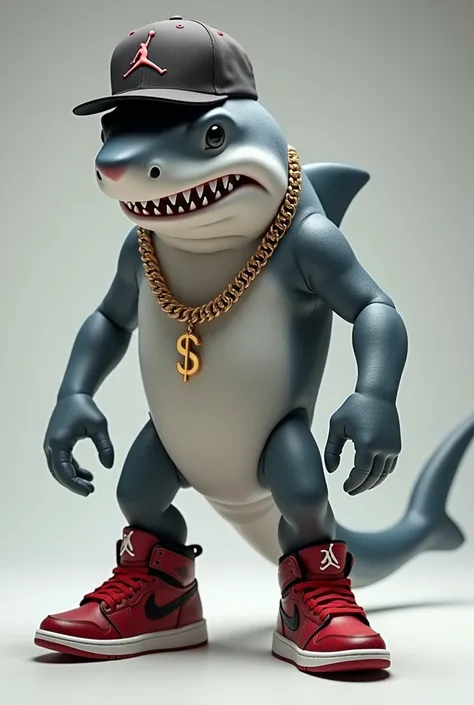 Realistic shark with sneakers Jordan cap and necklace with dollar sign
