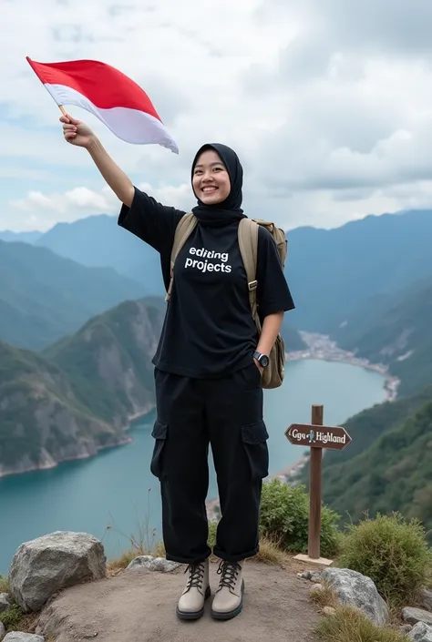 Professional photography of a Korean woman wearing a hijab, a loose black t-shirt that reads "Editing projects" black cargo trousers, nude coloured boots, a mountaineering bag on her back, standing at the top of a mountain, waving an Indonesian flag, surro...