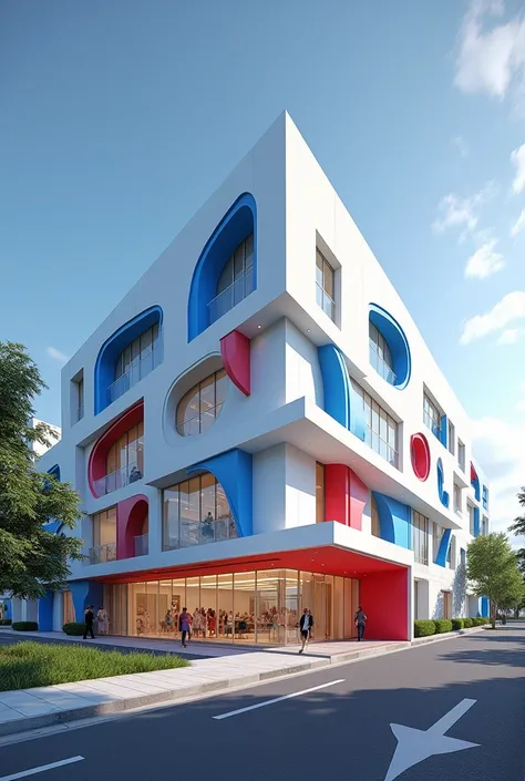 Create an image of REYSA HEALTH HUB in 3D mix white blue and red colours
