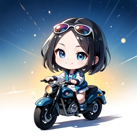 (1 chibi girl, solo:1.3), cute, black hair, forehead,
smile, sunglasses on eyes, motorcycle, dynamic pose,
dynamic angle, dynamic lights, watercolor, (masterpiece, best quality, hyper detailed:1.2),